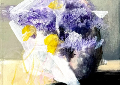 An abstract painting of a vase with purple and yellow flowers on a beige surface, set against a muted green background. The brushstrokes are loose and expressive, giving the image a dreamy, textured appearance.