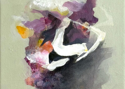 An abstract painting of a white bird surrounded by swirling, colorful brushstrokes in shades of purple, yellow, pink, and gray, set against a muted background and a reddish surface.