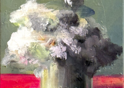 An abstract painting of a vase with a bouquet of white, gray, and purple flowers on a bright red surface, set against a muted green background. The brushstrokes are loose and textured, giving a dreamy, impressionistic feel.