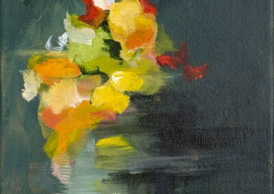 An abstract painting of a floral bouquet in a round glass vase, with bold strokes of yellow, orange, red, and green against a dark green background on a light surface.