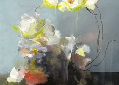 An abstract painting of white flowers with green stems and leaves against a muted blue-gray background. Soft brushstrokes blend colors like white, green, orange, and pink, creating a dreamy, ethereal effect.