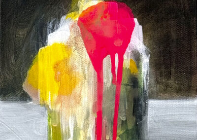 An abstract painting of a jar with blurred yellow and white shapes, featuring a bold red paint drip running down the center, set against a dark background and a gray surface.