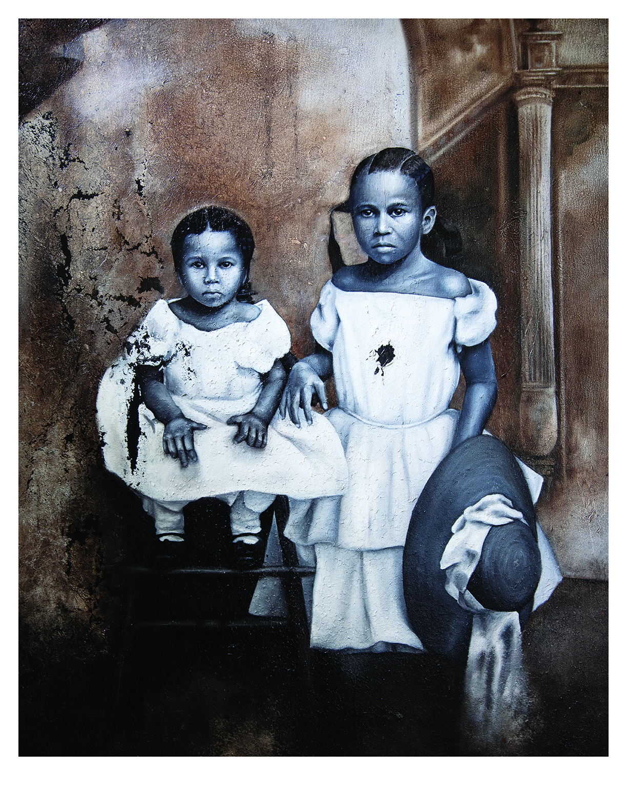 A vintage-style painting of two young girls in white dresses. One is seated on a chair, the other stands beside her holding a large hat. The background features a staircase and textured wall. The image is in muted, sepia-toned colors.