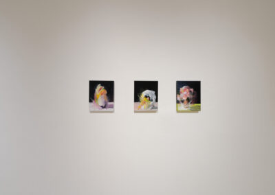 Three small paintings of abstract floral arrangements are displayed in a row on a plain white gallery wall, each painting featuring vibrant colors and dark backgrounds.