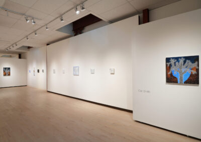 A brightly lit art gallery with light wood floors and white walls displays various small paintings. One larger painting labeled “Carl Smith” is featured prominently on a white wall to the right. Track lighting illuminates the artwork.