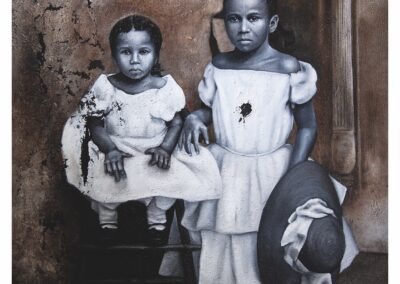A sepia-toned painting of two young girls in white dresses; one sits on a chair, the other stands beside her holding a large brimmed hat. The background shows a textured wall and staircase.
