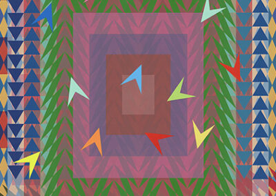 Abstract geometric artwork featuring colorful arrow shapes in the center, layered rectangles in pink and red tones, and patterned borders with blue, yellow, and green diamond shapes—perfect for display at art exhibitions.