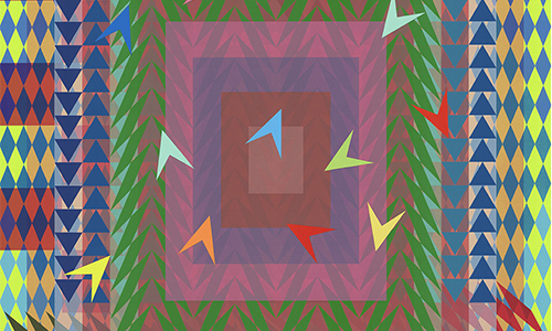 Abstract geometric artwork featuring colorful arrow shapes in the center, layered rectangles in pink and red tones, and patterned borders with blue, yellow, and green diamond shapes—perfect for display at art exhibitions.
