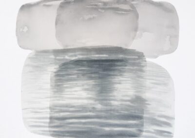 Abstract watercolor painting featuring two overlapping, rounded rectangular shapes in soft gray and blue tones on a white background, with gentle gradients and subtle texture.
