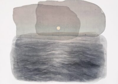 Watercolor-style painting of a calm, textured sea in shades of gray and blue, with a pale sun low in the sky, partially obscured by translucent, overlapping shapes in muted pink and gray tones.