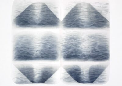 Abstract artwork featuring two overlapping, semi-transparent geometric shapes with soft, dark gray and light gray gradient tones, resembling folded paper or mirrored reflections across a white background.