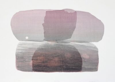 Abstract artwork featuring two large, overlapping, oval shapes in muted pink and gray tones, with textured and slightly transparent layers, resembling a calm landscape or reflection.
