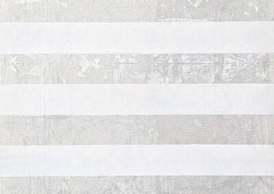 A minimalist artwork featuring alternating horizontal stripes of white and silver with a subtle textured, reflective surface on the silver stripes. The overall appearance is clean and abstract.