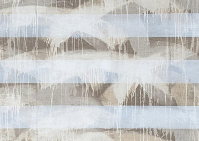 Abstract painting with horizontal stripes in light blue, beige, and gray tones, featuring white paint drips and streaks flowing downward across the blended, textured background.