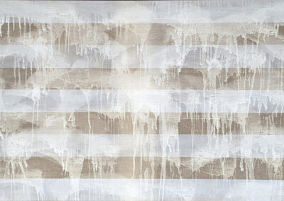 Abstract painting with alternating horizontal beige and white stripes, overlaid by translucent white, paint-like drips and splatters, creating a layered, textured effect.