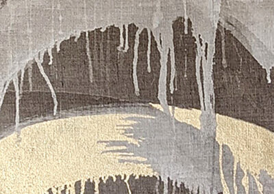 Abstract painting featuring overlapping arcs in metallic gold and gray tones, with paint drips and streaks creating a textured, layered effect on a rough canvas background.