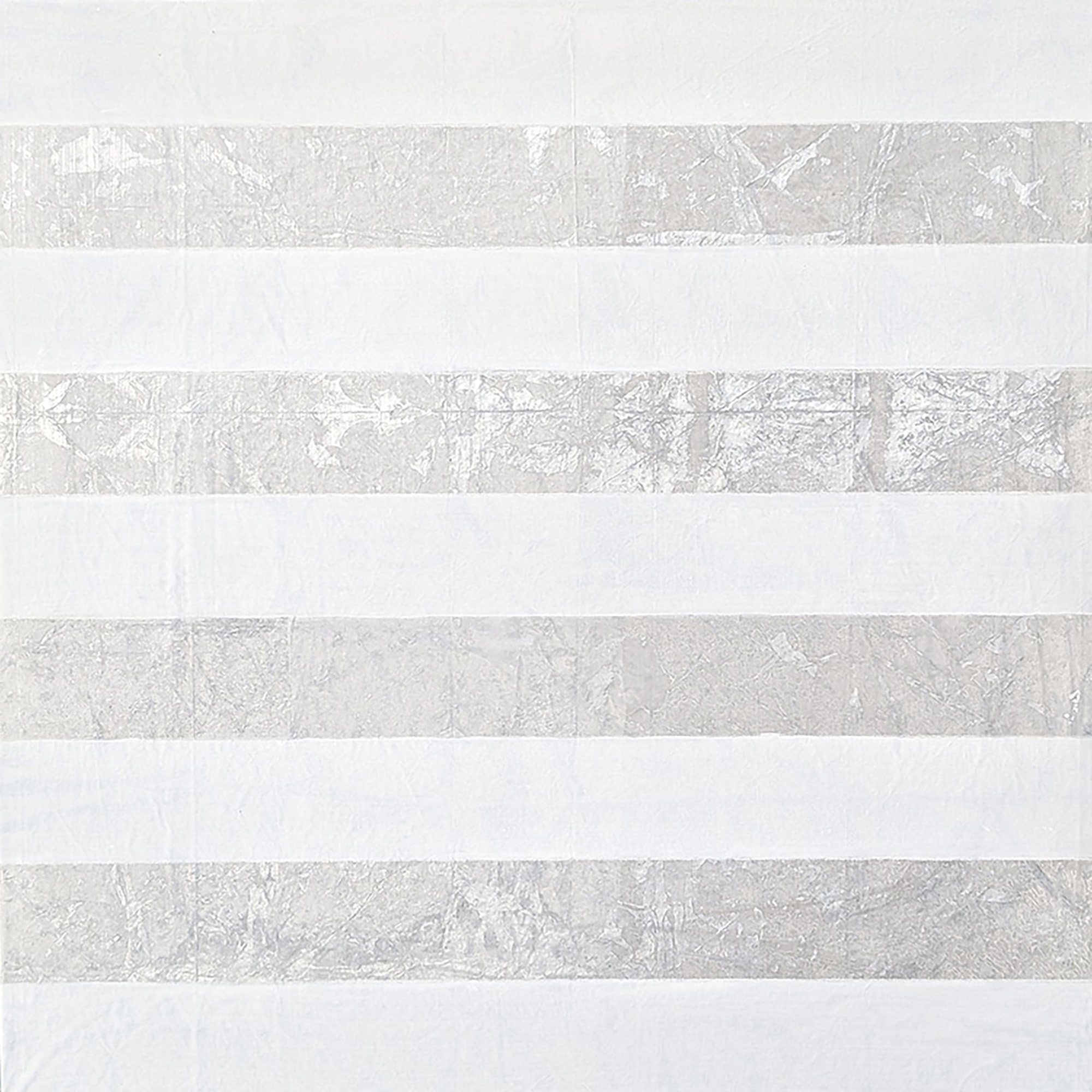 An abstract artwork featuring alternating horizontal stripes of white and textured silver, creating a minimalist and shimmering pattern across the canvas.