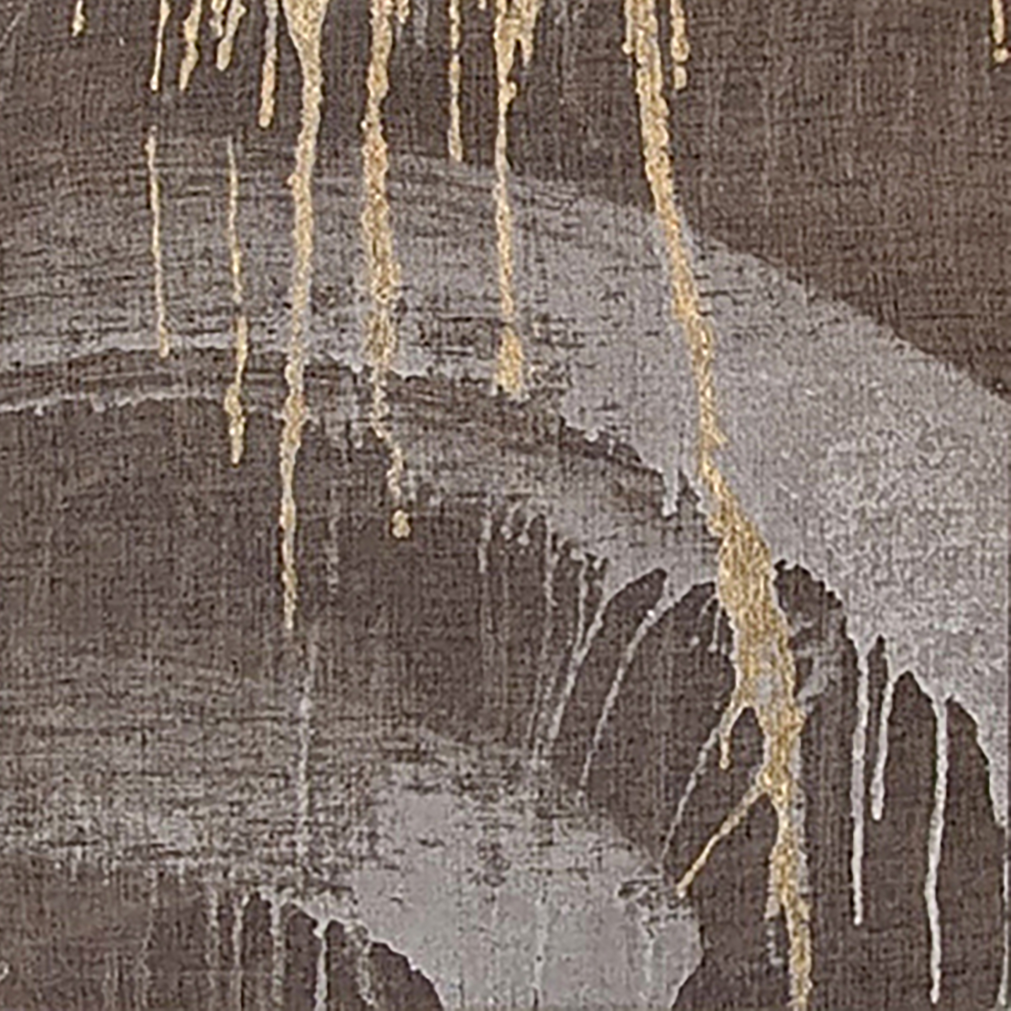 Abstract painting with textured brown background, featuring sweeping gray brushstrokes and vertical golden drips running from the top, creating a sense of movement and layered depth.