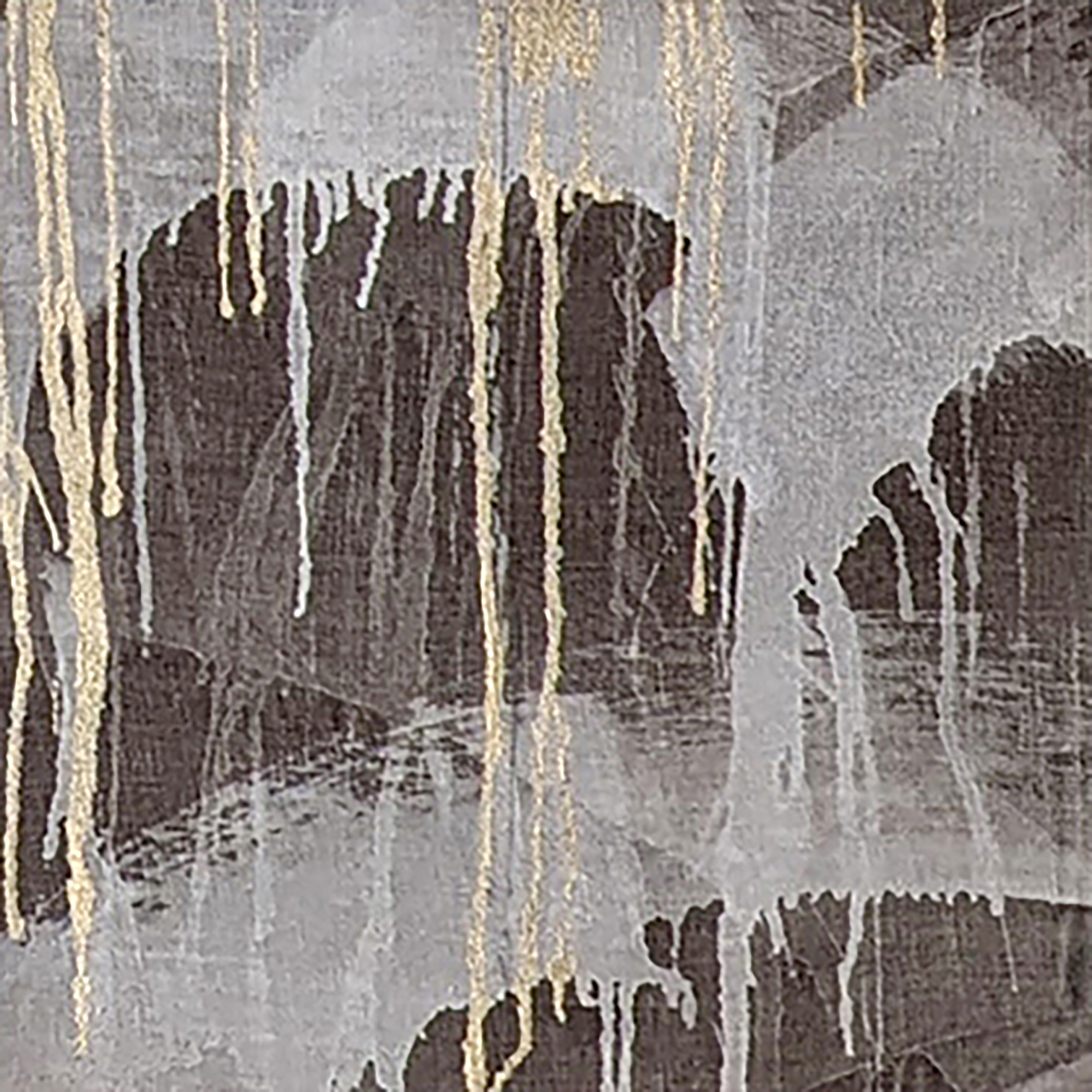 Abstract artwork featuring vertical gold and white paint drips over a textured gray and black background, creating a layered, dynamic effect.