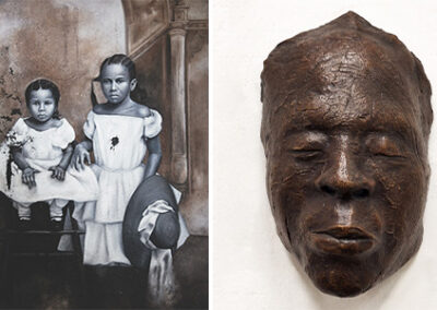 A split image: on the left, a sepia-toned portrait of two young girls in dresses; on the right, a sculpted, dark-toned face mask with closed eyes displayed against a white background.