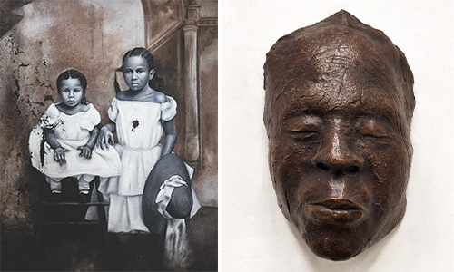 A split image: on the left, a sepia-toned portrait of two young girls in dresses; on the right, a sculpted, dark-toned face mask with closed eyes displayed against a white background.