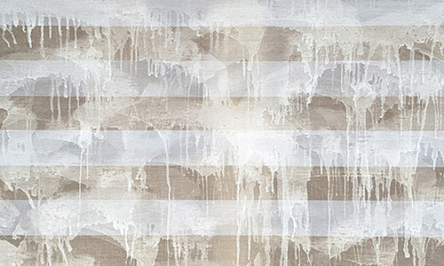 Abstract artwork featuring horizontal beige and white stripes with white paint drips and splatters, creating a textured, layered appearance. The lines are irregular and the overall effect is soft and muted.