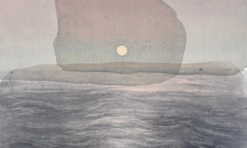 A muted watercolor painting depicts a calm sea with gentle waves, a distant horizon, and a pale sun or moon partially obscured by abstract gray and beige brushstrokes in the sky.