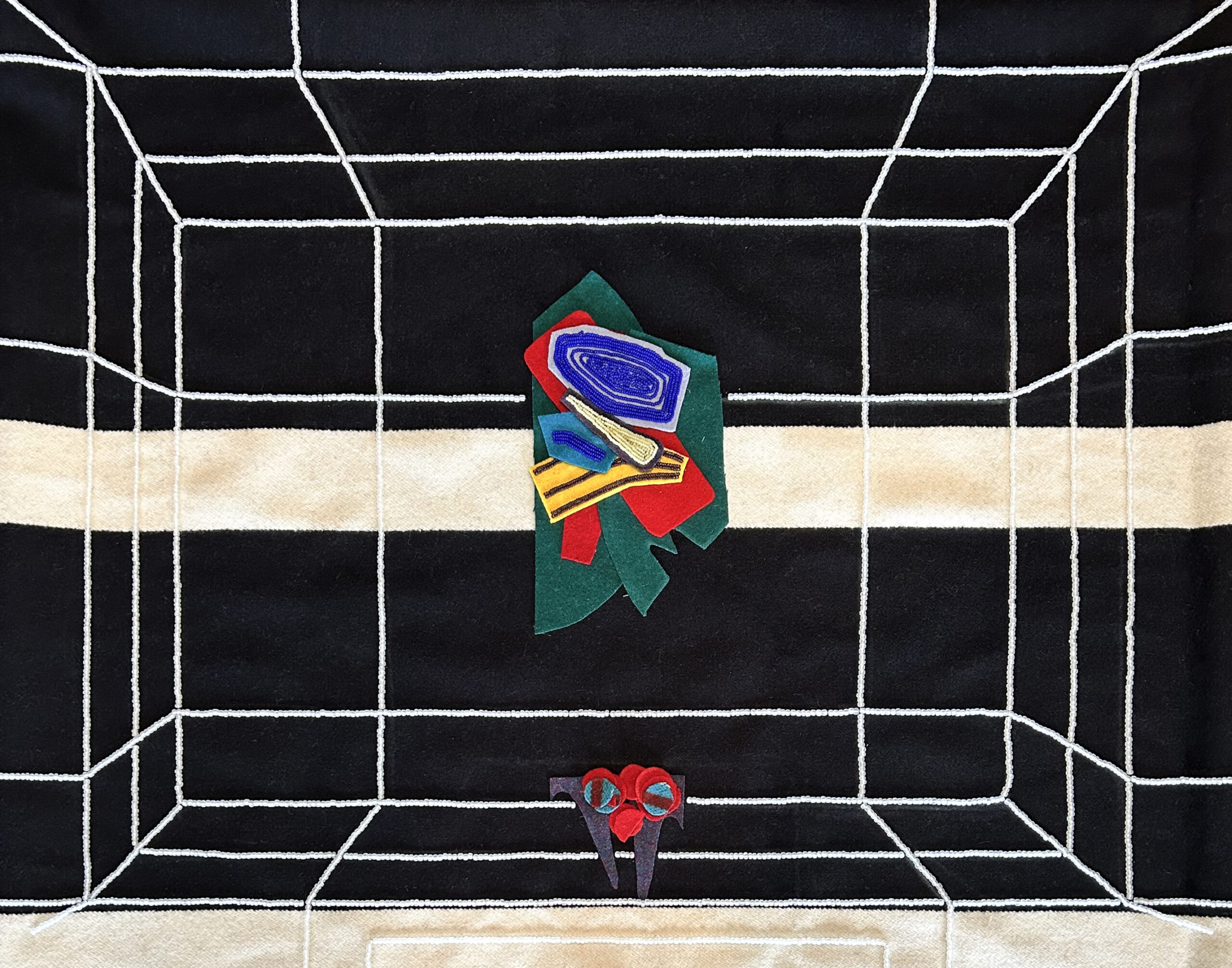 A black textile piece by Alex Ponca featuring a white grid pattern, with a layered, multi-colored felt shape in the center and a small red and purple flower-like applique below.