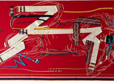 An abstract figure outlined in white lies on a red background, overlain by bold, multicolored fabric strips and geometric shapes, creating a dynamic, layered composition.