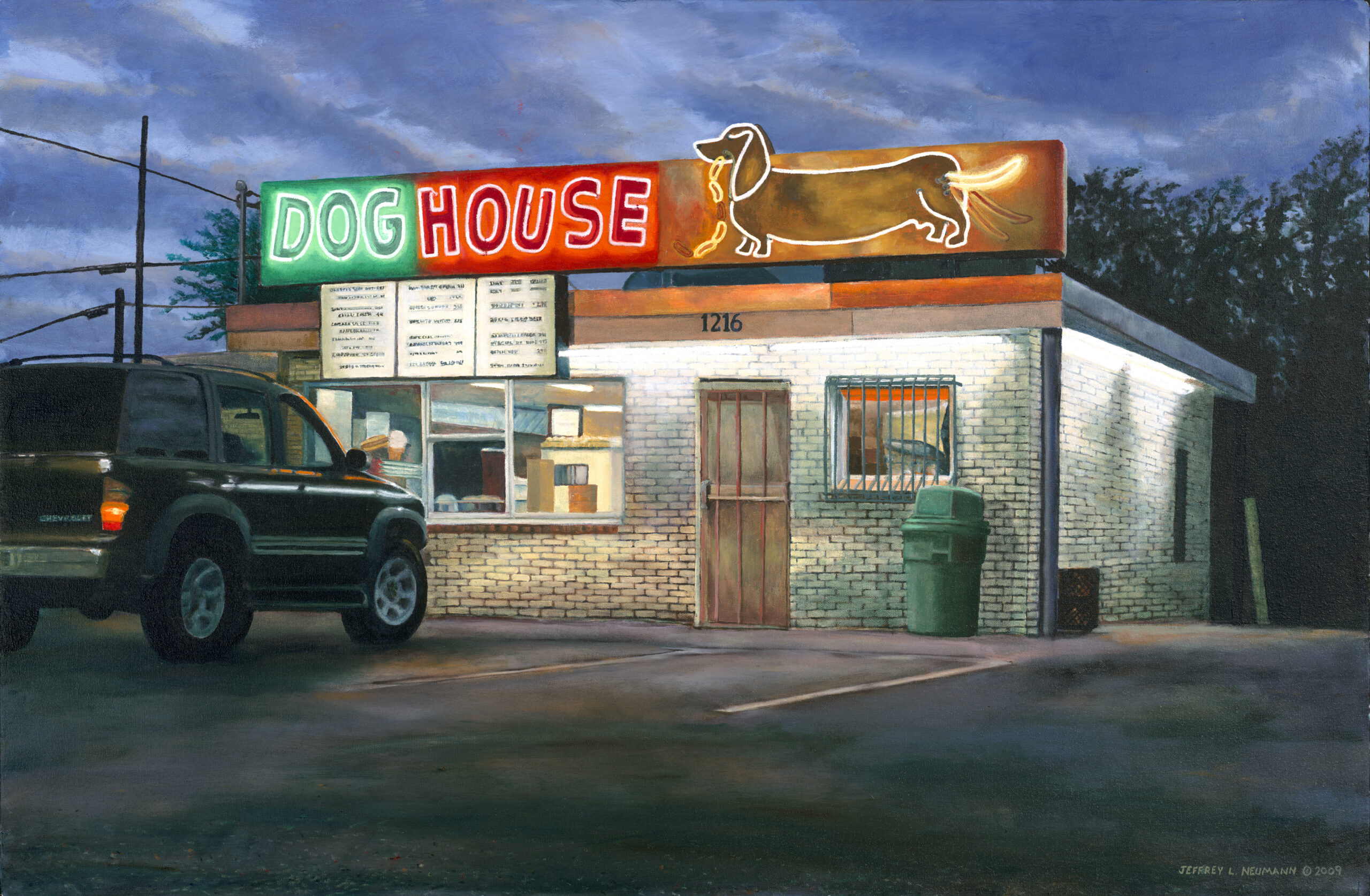 A Jeffrey Neumann painting of a Route 66 restaurant named Dog House with a neon dachshund sign, a dark SUV parked in front, and a menu board mounted near the service window.