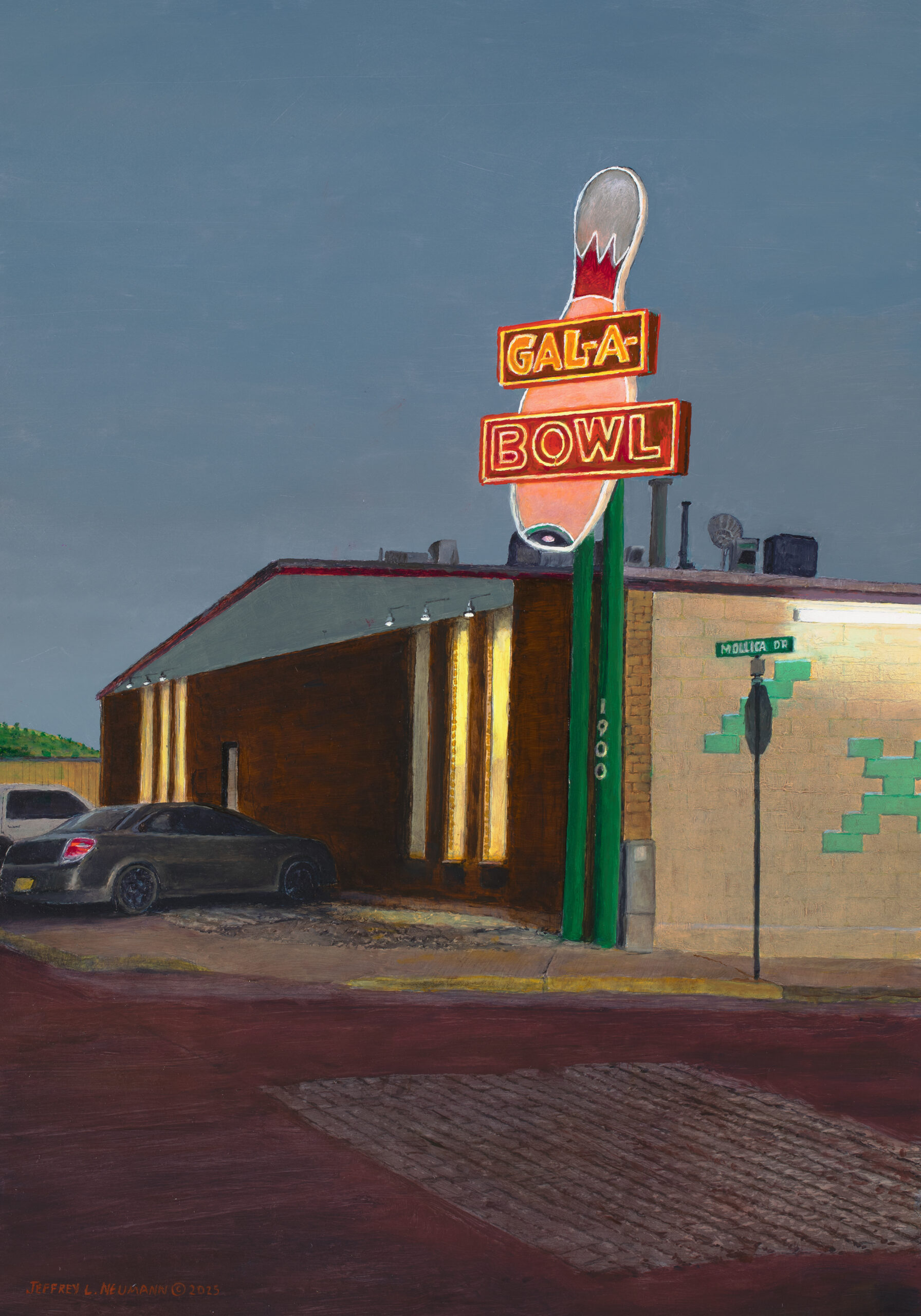 A painting from the Centennial Collection of a bowling alley at twilight, featuring a glowing red neon “Gala-Bowl” sign shaped like a bowling pin above a brick building.