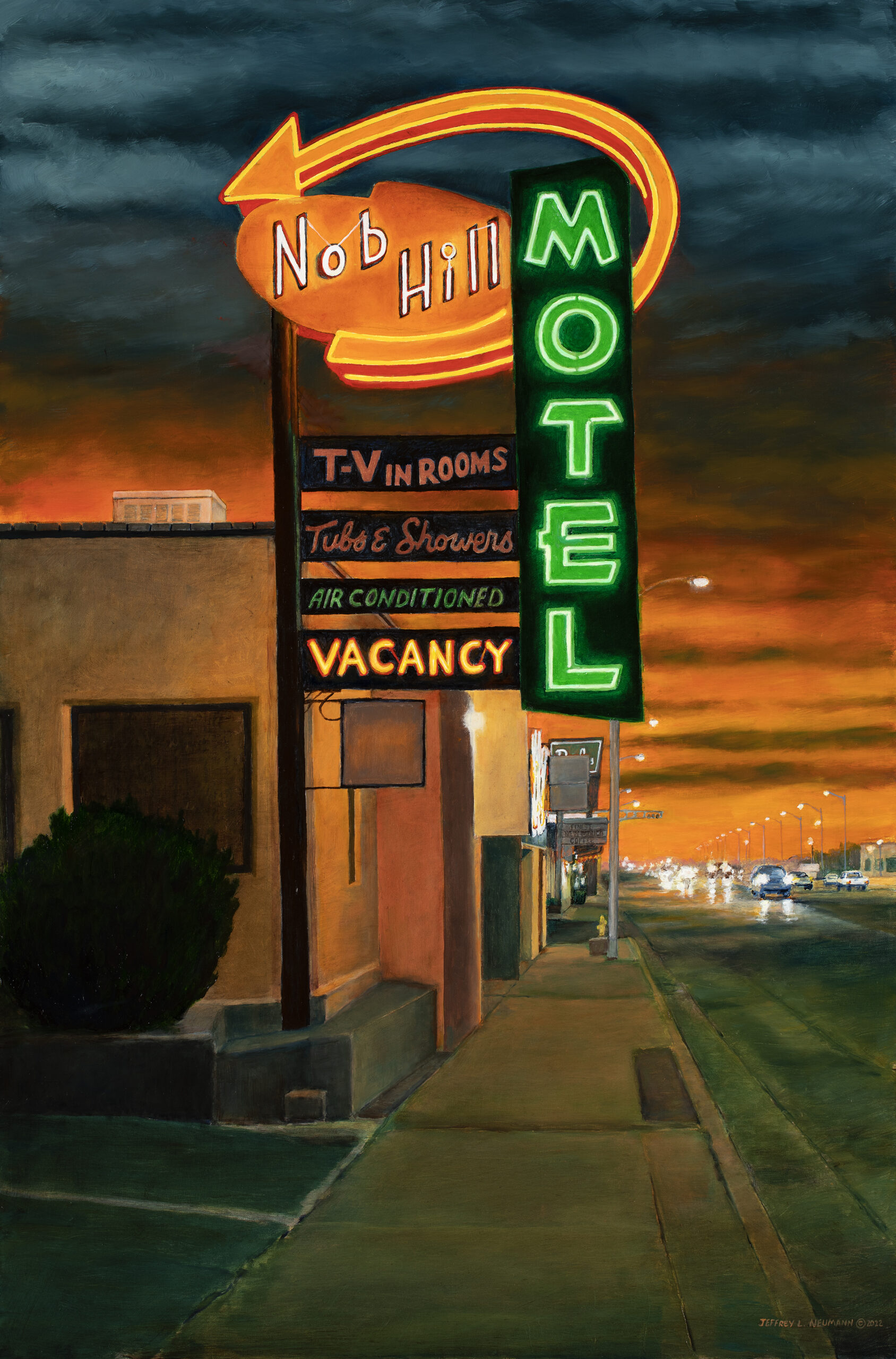 Jeffrey Neumann painting of a Nob Hill Motel neon sign at sunset, overlooking a road with distant traffic as part of the Centennial Collection.