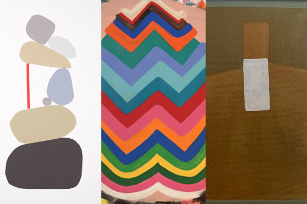 Trio v.3 Three vertical panels of art exhibitions: a stack of smooth, rounded shapes; a pattern of colorful zigzags; and a rectangular white shape centered on a dark gold background.